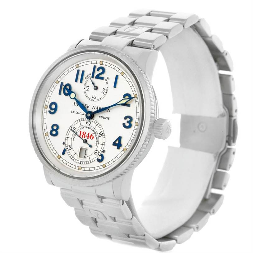 The image shows a Ulysse Nardin Marine 263 - 22 Men's Stainless Steel Silver Dial 263 - 22 Men's Stainless Steel Silver Dial model watch from a front-angle, displaying its face, bezel, crown, and stainless steel bracelet.