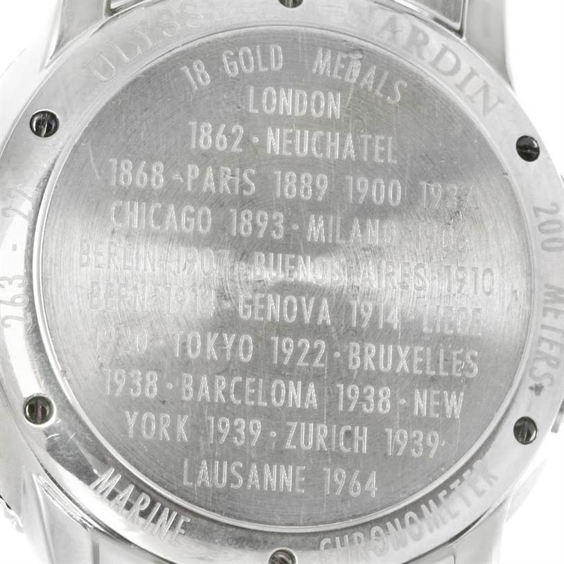 The image shows the detailed engraving on the case back of a Ulysse Nardin Marine 263 - 22 Men's Stainless Steel Silver Dial 263 - 22 Men's Stainless Steel Silver Dial watch.