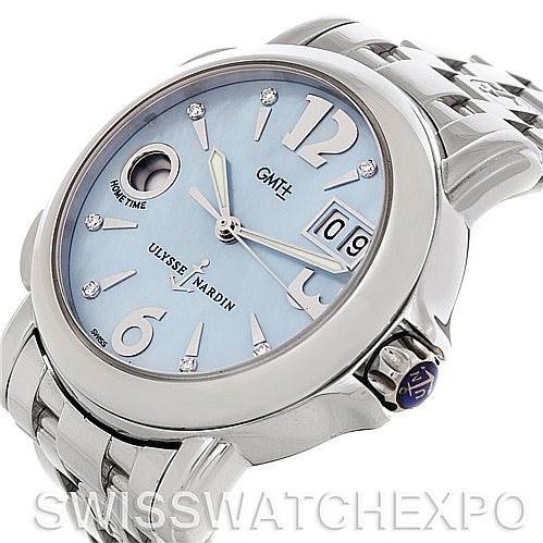 The image shows a close-up view of the face and part of the band of the Ulysse Nardin 223-22 Women's Stainless Steel Mother of Pearl Dial 223-22 Women's Stainless Steel Mother of Pearl Dial Dual Time Ladies Steel Watch 223-22.