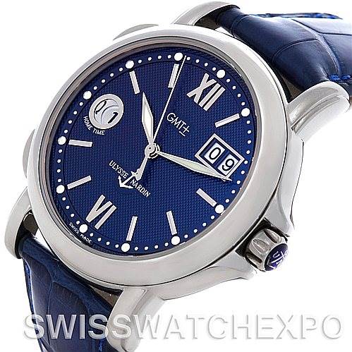 The image shows a Ulysse Nardin 223-88-7 Men's Stainless Steel Blue Dial 223-88-7 Men's Stainless Steel Blue Dial 223-88 GMT Big Date 40mm Men's Watch from an angled view, displaying the dial, bezel, and strap.