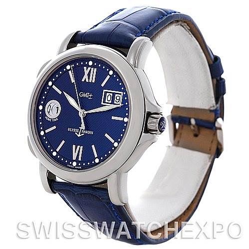 The Ulysse Nardin 223-88-7 Men's Stainless Steel Blue Dial 223-88-7 Men's Stainless Steel Blue Dial 223-88 GMT Big Date 40mm Men's Watch is shown at a slight angle, showcasing the blue dial, date window, and blue leather strap.