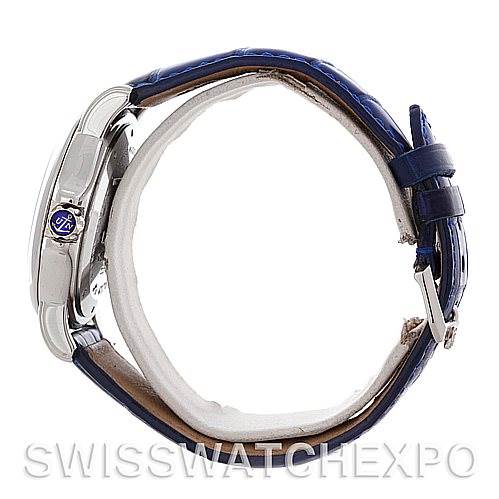 This side view of the Ulysse Nardin 223-88-7 Men's Stainless Steel Blue Dial 223-88-7 Men's Stainless Steel Blue Dial 223-88 GMT Big Date 40mm Men's Watch shows the profile, case, and strap.