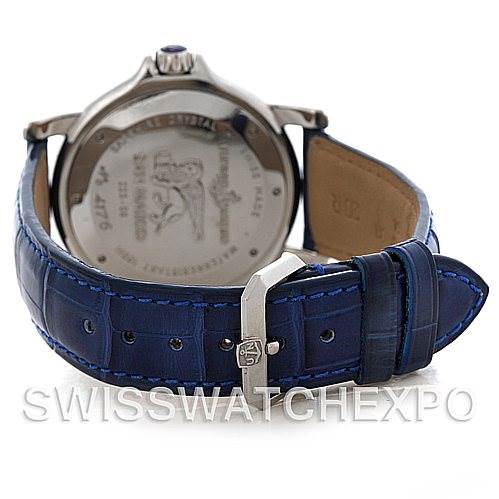 The image shows the back of the Ulysse Nardin 223-88-7 Men's Stainless Steel Blue Dial 223-88-7 Men's Stainless Steel Blue Dial 223-88 GMT Big Date 40mm Men's Watch, focusing on the case back and blue leather strap.