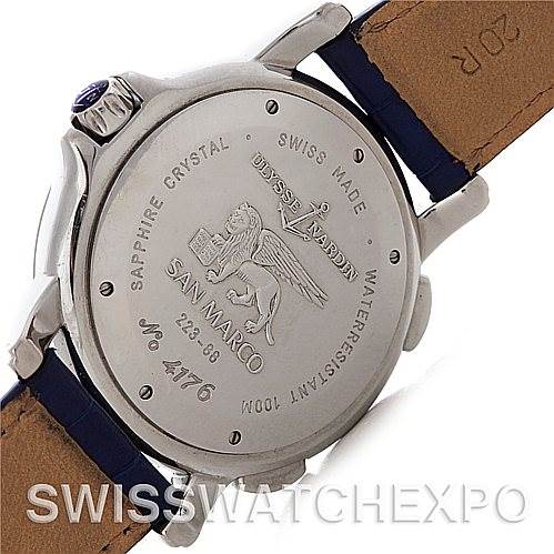 This image shows the back case of the Ulysse Nardin 223-88-7 Men's Stainless Steel Blue Dial 223-88-7 Men's Stainless Steel Blue Dial 223-88 GMT Big Date 40mm Men's Watch, highlighting its engraving and leather strap.