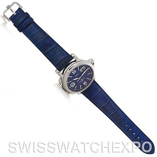 The Ulysse Nardin 223-88-7 Men's Stainless Steel Blue Dial 223-88-7 Men's Stainless Steel Blue Dial 223-88 GMT Big Date 40mm Men's Watch is shown from an angled top view, displaying the watch face and blue strap.
