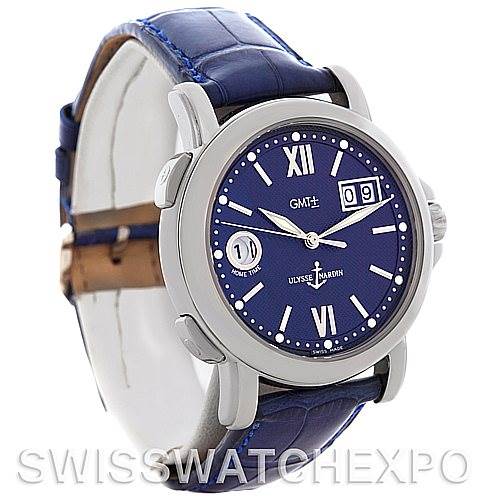 The image shows a front angle of the Ulysse Nardin 223-88-7 Men's Stainless Steel Blue Dial 223-88-7 Men's Stainless Steel Blue Dial 223-88 GMT Big Date 40mm Men's Watch, highlighting its face, strap, and side buttons.