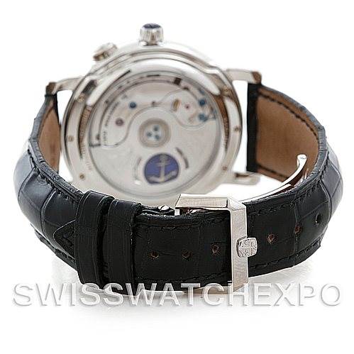 The rear view of the Ulysse Nardin 329-80 Men's Platinum Silver Dial 329-80 Men's Platinum Silver Dial GMT Perpetual Platinum 329-80 Limited Edition Men's Watch showcases its transparent case back and black leather strap.