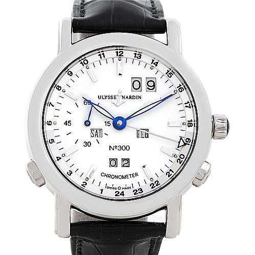 This image shows a front view of the Ulysse Nardin 329-80 Men's Platinum Silver Dial 329-80 Men's Platinum Silver Dial GMT Perpetual Platinum 329-80 Limited Edition Men's Watch, highlighting the dial and complications.