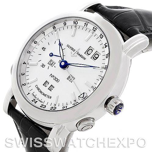 The image shows the Ulysse Nardin 329-80 Men's Platinum Silver Dial 329-80 Men's Platinum Silver Dial GMT Perpetual Platinum 329-80 Limited Edition Men's Watch at an angled view, highlighting the dial and crown.