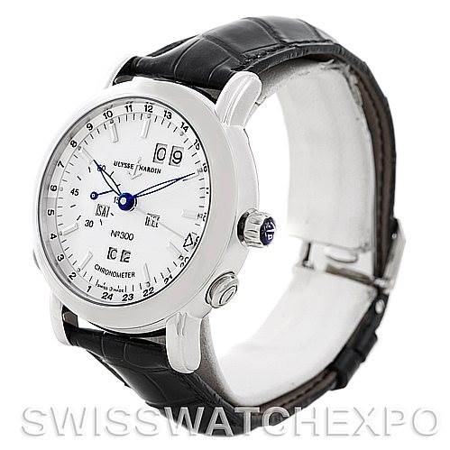 The image shows a front and side view of the Ulysse Nardin 329-80 Men's Platinum Silver Dial 329-80 Men's Platinum Silver Dial GMT Perpetual Platinum 329-80 Limited Edition Men's Watch, showcasing its dial, crown, and strap.