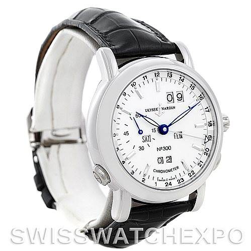 The Ulysse Nardin 329-80 Men's Platinum Silver Dial 329-80 Men's Platinum Silver Dial GMT Perpetual Platinum 329-80 Limited Edition Men's Watch is shown at a slight angle highlighting its face and strap.
