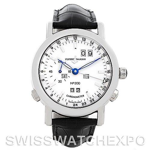 The image shows a frontal view of the Ulysse Nardin 329-80 Men's Platinum Silver Dial 329-80 Men's Platinum Silver Dial GMT Perpetual Platinum 329-80 Limited Edition Men's watch, highlighting its face and strap.