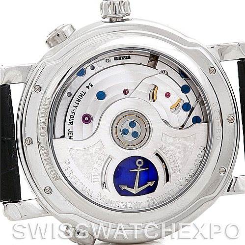 The image shows the case back view of the Ulysse Nardin 329-80 Men's Platinum Silver Dial 329-80 Men's Platinum Silver Dial GMT Perpetual Platinum 329-80 Limited Edition Men's Watch, revealing its movement.