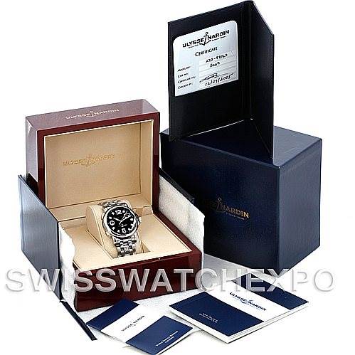 The image shows the Ulysse Nardin 2238862 Men
s Stainless Steel Black Dial 2238862 Men
s Stainless Steel Black Dial Dual Time Big Date Men
s Watch model 2238862 displayed in its open box with accessories and certification.