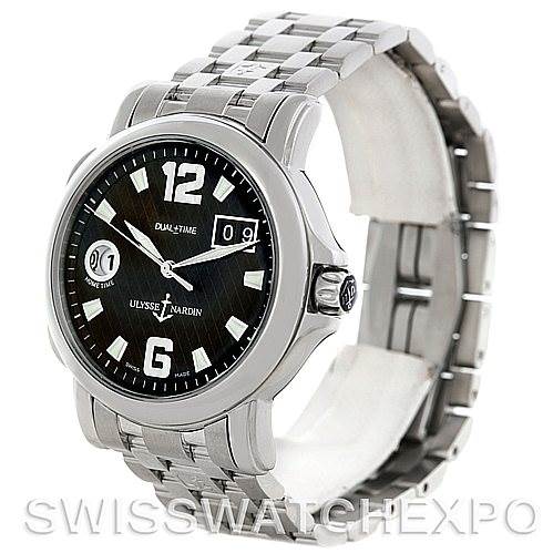 This image shows the Ulysse Nardin 2238862 Men
s Stainless Steel Black Dial 2238862 Men
s Stainless Steel Black Dial Dual Time Big Date Mens Watch 2238862 at a three-quarter angle, highlighting the watch face and bracelet.