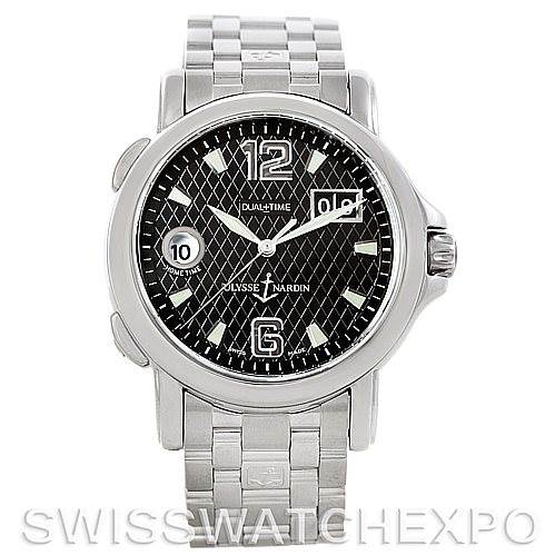 The Ulysse Nardin 2238862 Men
s Stainless Steel Black Dial 2238862 Men
s Stainless Steel Black Dial Dual Time Big Date Men
s Watch 2238862 is shown from a front angle, displaying its face and stainless steel bracelet.