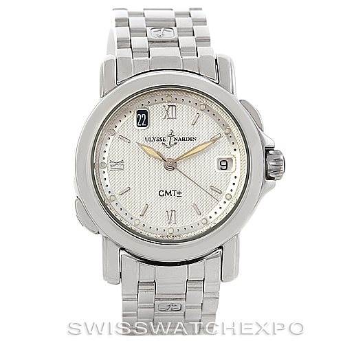 The image shows a front angle view of the Ulysse Nardin 203-22 Men's Stainless Steel Silver Dial 203-22 Men's Stainless Steel Silver Dial San Marco GMT Mens Watch 203-22, displaying the dial, bracelet, and crown.