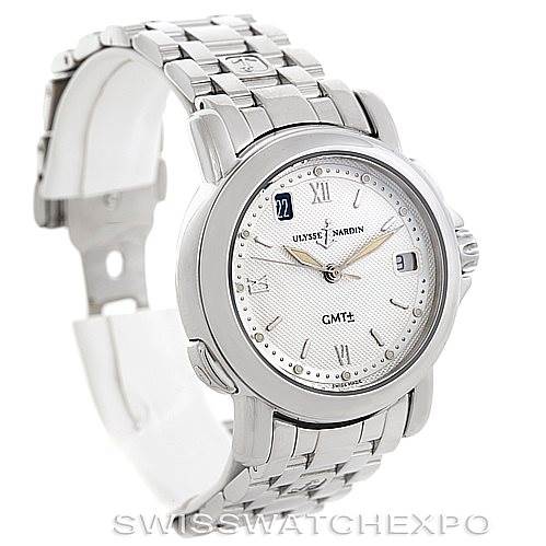 The image shows a Ulysse Nardin 203-22 Men's Stainless Steel Silver Dial 203-22 Men's Stainless Steel Silver Dial San Marco GMT Men's Watch 203-22 from an angled front view, displaying the face and part of the bracelet.