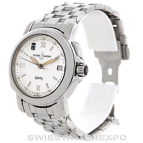 The image shows a front-side angle of the Ulysse Nardin 203-22 Men's Stainless Steel Silver Dial 203-22 Men's Stainless Steel Silver Dial San Marco GMT Men's Watch 203-22, displaying its face, case, and partial bracelet.