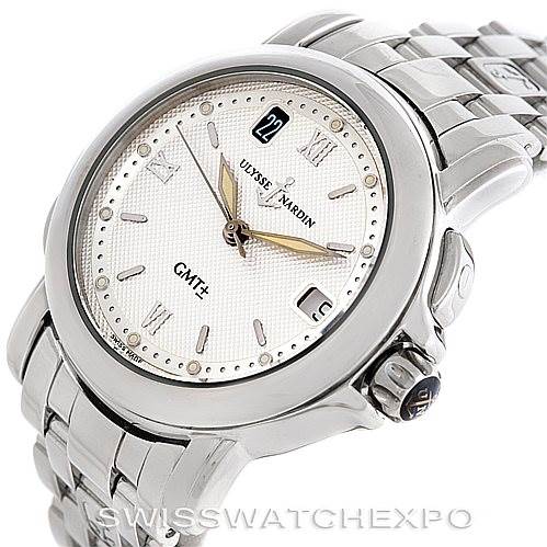 The image shows a close-up angled view of the Ulysse Nardin 203-22 Men's Stainless Steel Silver Dial 203-22 Men's Stainless Steel Silver Dial San Marco GMT Men's Watch 203-22, displaying the dial, bezel, and bracelet.