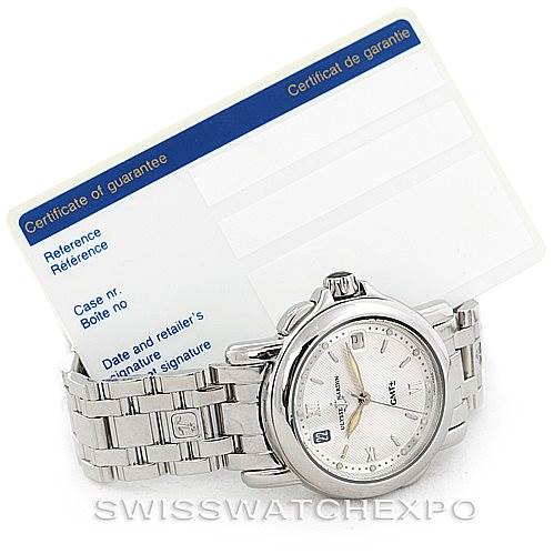 This image shows the Ulysse Nardin 203-22 Men's Stainless Steel Silver Dial 203-22 Men's Stainless Steel Silver Dial San Marco GMT Men's Watch 203-22 at an angle with the watch face, bracelet, and guarantee card visible.