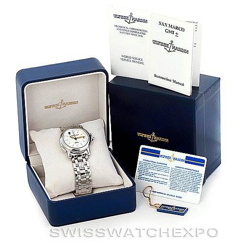 The image shows a Ulysse Nardin 203-22 Men's Stainless Steel Silver Dial 203-22 Men's Stainless Steel Silver Dial San Marco GMT Mens Watch 203-22 in its open box with instruction manuals, warranty card, and tags.