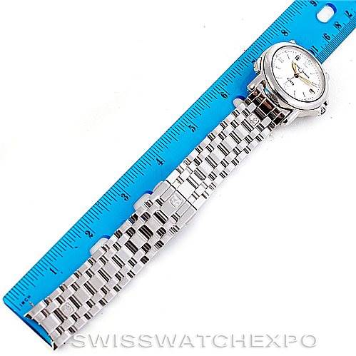 The image shows a Ulysse Nardin 203-22 Men's Stainless Steel Silver Dial 203-22 Men's Stainless Steel Silver Dial San Marco GMT Men's Watch 203-22 model laid flat next to a ruler, displaying its face and metal bracelet.