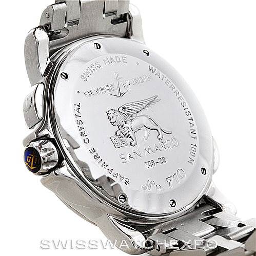 The image shows the back case and part of the bracelet of a Ulysse Nardin 203-22 Men's Stainless Steel Silver Dial 203-22 Men's Stainless Steel Silver Dial San Marco GMT Men's Watch 203-22 model.