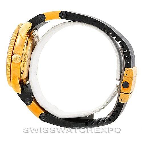 The image shows a side view of the Ulysse Nardin Marine 261-77-3 Men's Yellow Gold Silver Dial 261-77-3 Men's Yellow Gold Silver Dial model watch, highlighting the bezel, crown, and strap.