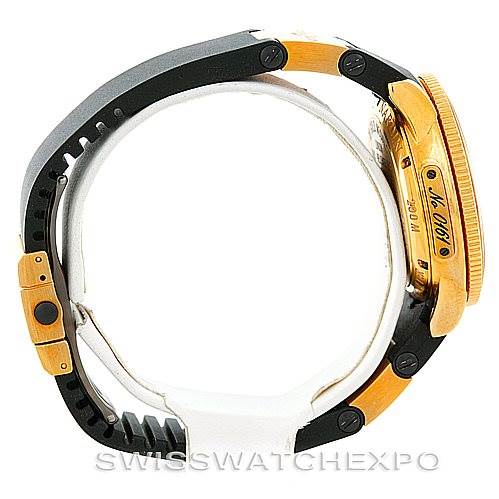 This side view image shows the case, bezel, and part of the strap of the Ulysse Nardin Marine 261-77-3 Men's Yellow Gold Silver Dial 261-77-3 Men's Yellow Gold Silver Dial model watch.