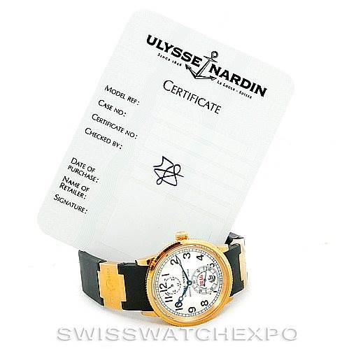 The image shows a Ulysse Nardin Marine 261-77-3 Men's Yellow Gold Silver Dial 261-77-3 Men's Yellow Gold Silver Dial model watch with its certificate, photographed from a front angle.