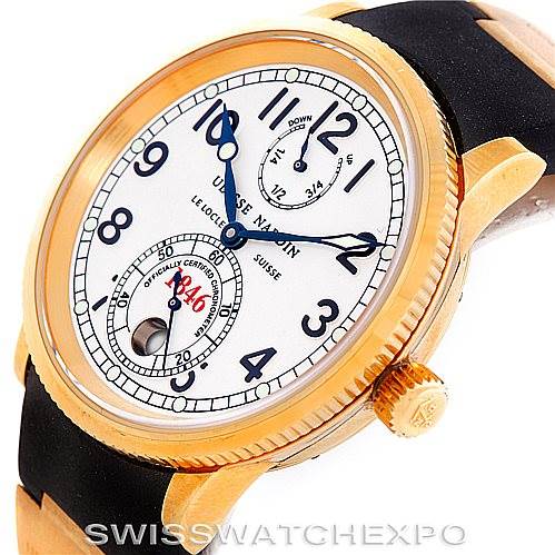 The image shows a Ulysse Nardin Marine 261-77-3 Men's Yellow Gold Silver Dial 261-77-3 Men's Yellow Gold Silver Dial model watch at an oblique angle, highlighting its face, crown, and parts of the strap.