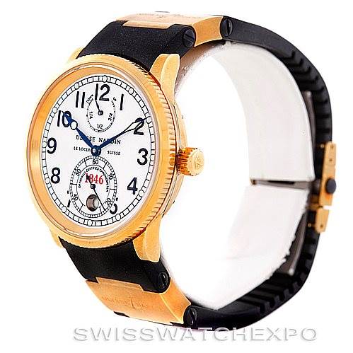 The image shows an angled view of the Ulysse Nardin Marine 261-77-3 Men's Yellow Gold Silver Dial 261-77-3 Men's Yellow Gold Silver Dial model watch, featuring the face, side, and part of the band.