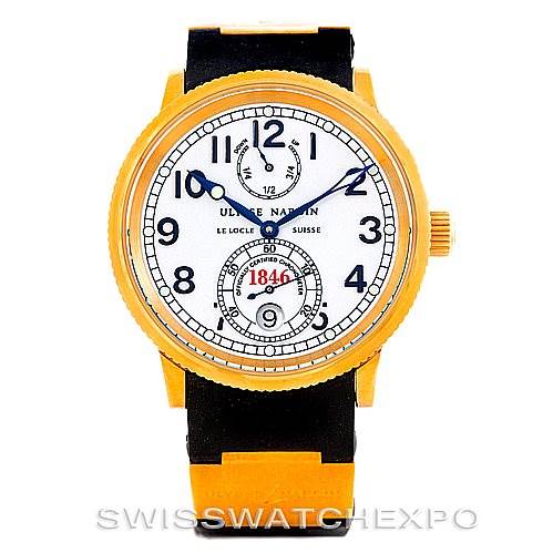 The image shows a Ulysse Nardin Marine 261-77-3 Men's Yellow Gold Silver Dial 261-77-3 Men's Yellow Gold Silver Dial model watch from a front angle, displaying its face, bezel, and part of the band.