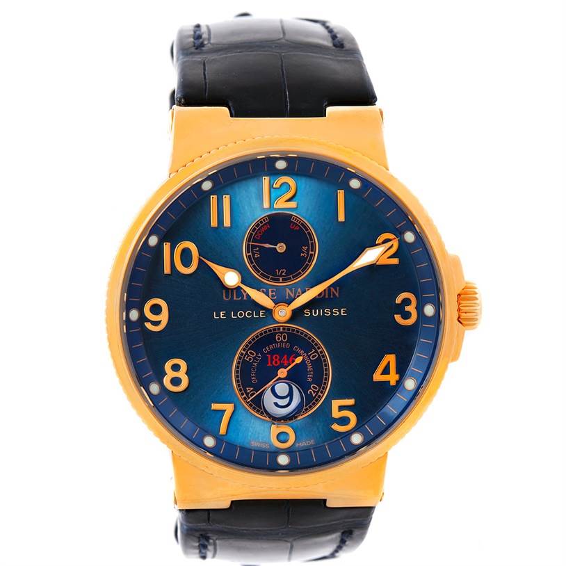 The image shows a front view of the Ulysse Nardin Marine 266-66 Men's Rose Gold Blue Dial 266-66 Men's Rose Gold Blue Dial watch, displaying its face, hands, and strap.