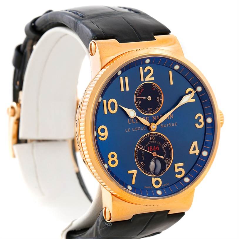 The image shows a Ulysse Nardin Marine 266-66 Men's Rose Gold Blue Dial 266-66 Men's Rose Gold Blue Dial model watch from a front angle, highlighting its blue dial, gold case, and leather strap.