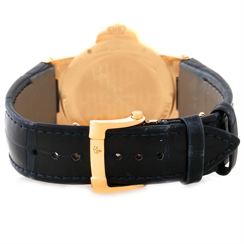 The image shows the back view of the Ulysse Nardin Marine 266-66 Men's Rose Gold Blue Dial 266-66 Men's Rose Gold Blue Dial watch, focusing on the gold buckle and black leather strap.