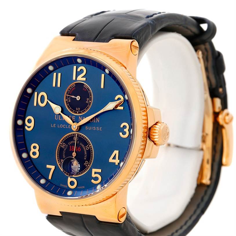 This is a side-angle view of the Ulysse Nardin Marine 266-66 Men's Rose Gold Blue Dial 266-66 Men's Rose Gold Blue Dial model, showcasing the blue dial, gold case, and black leather strap.
