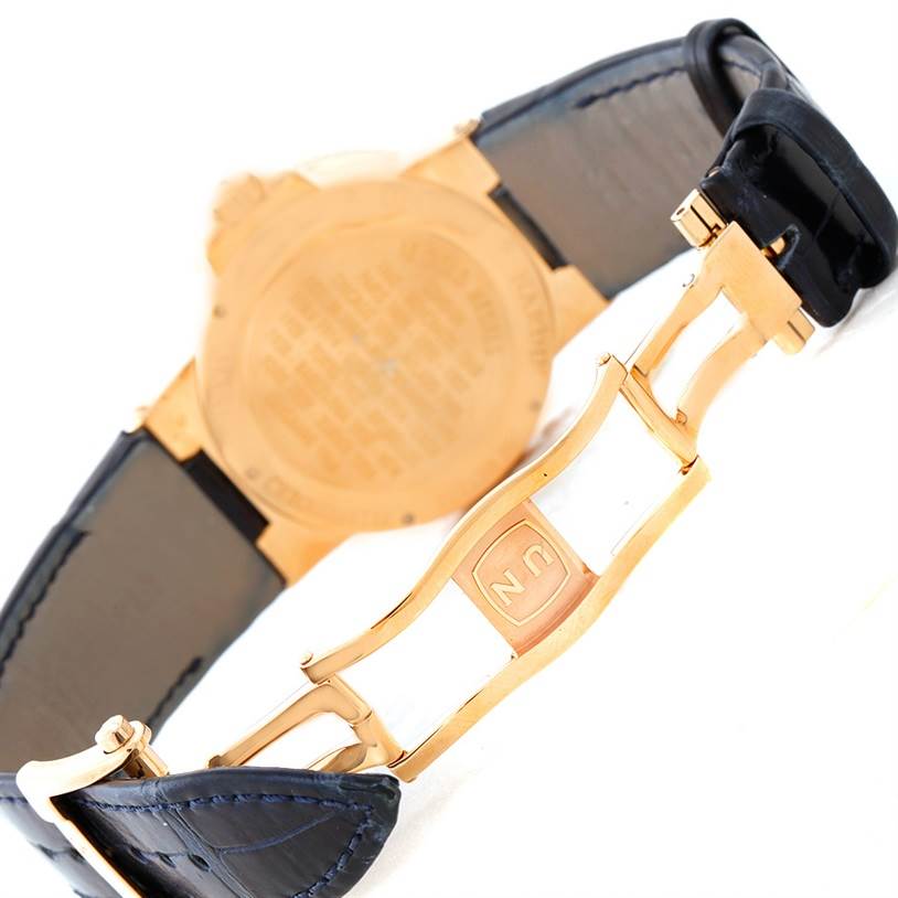 This image shows the back and clasp mechanism of the Ulysse Nardin Marine 266-66 Men's Rose Gold Blue Dial 266-66 Men's Rose Gold Blue Dial model watch.