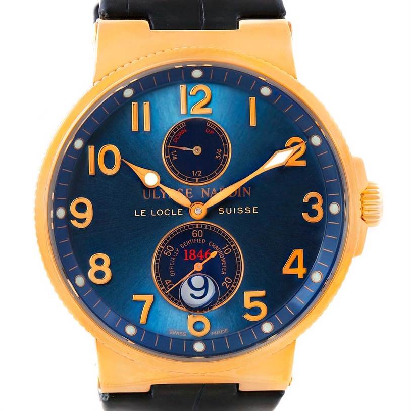 The image shows a front view of the Ulysse Nardin Marine 266-66 Men's Rose Gold Blue Dial 266-66 Men's Rose Gold Blue Dial watch, highlighting its dial and bezel.