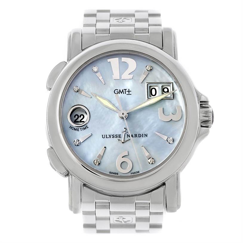 The image shows a front view of the Ulysse Nardin 223-22 Women's Stainless Steel Mother of Pearl Dial 223-22 Women's Stainless Steel Mother of Pearl Dial Big Date GMT Ladies Steel Watch 223-22, displaying the watch face and strap.