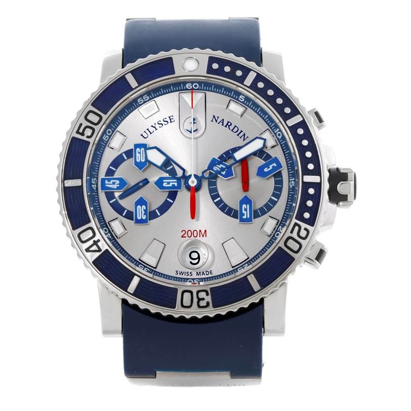 The image shows a front view of a Ulysse Nardin Diver 8003-102 Men
s Titanium Silver Dial 8003-102 Men
s Titanium Silver Dial model watch, highlighting its dial, bezel, and blue strap.