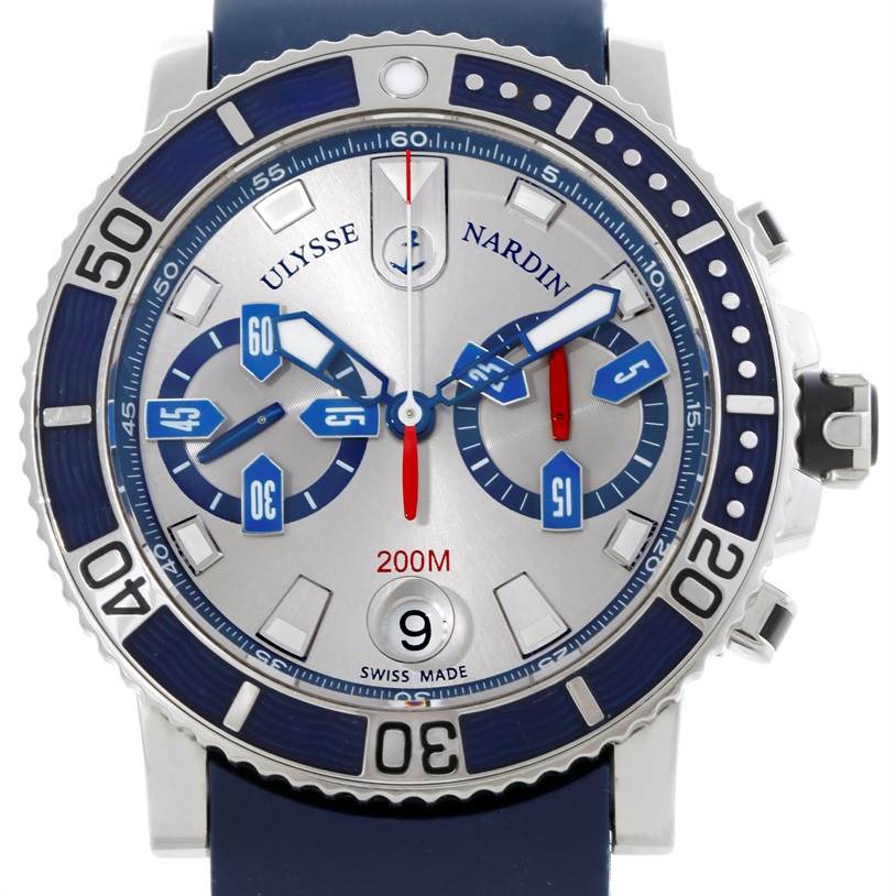 The image shows a front view of the Ulysse Nardin Diver 8003-102 Men
s Titanium Silver Dial 8003-102 Men
s Titanium Silver Dial watch, highlighting its dial and bezel.