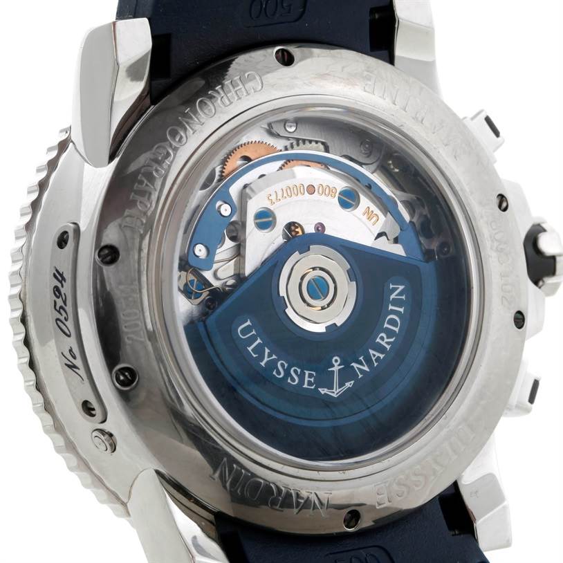 The image shows the back view of the Ulysse Nardin Diver 8003-102 Men
s Titanium Silver Dial 8003-102 Men
s Titanium Silver Dial model, highlighting its exposed movement mechanism.