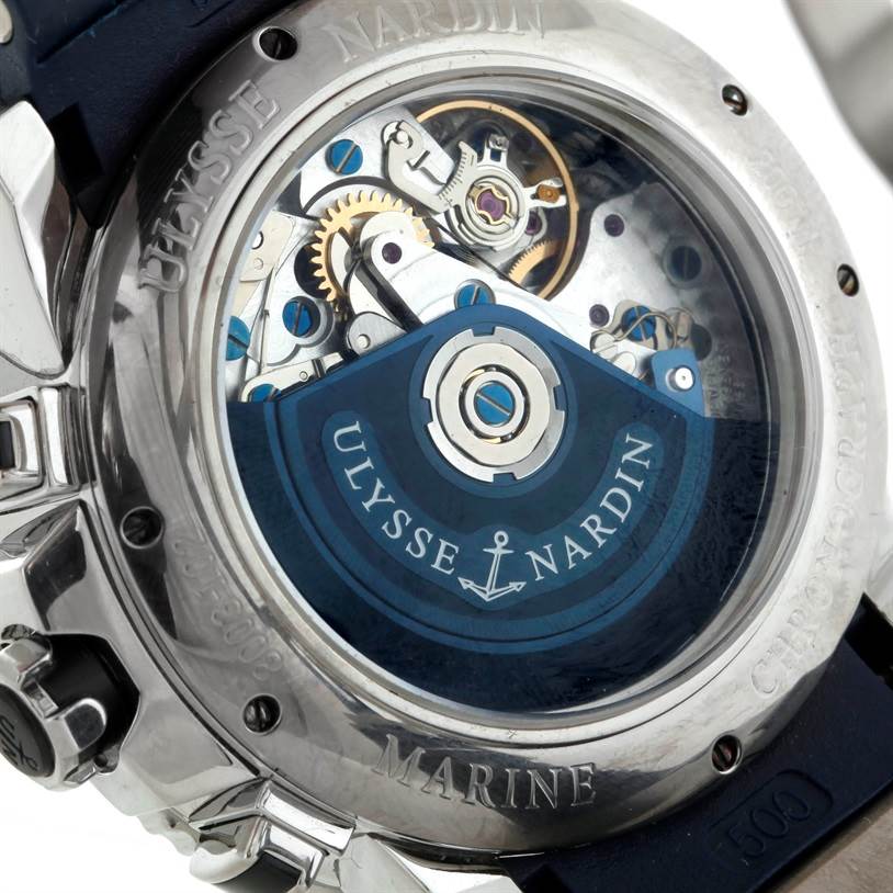 The image shows the exhibition case back of the Ulysse Nardin Diver 8003-102 Men
s Titanium Silver Dial 8003-102 Men
s Titanium Silver Dial watch, revealing its intricate movement mechanism.