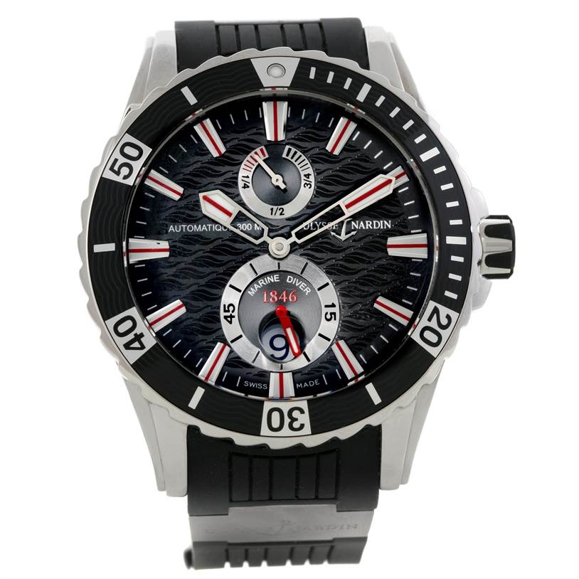 The image shows a front view of the Ulysse Nardin Diver 263-10-3-92 Men
s Stainless Steel Black Dial 263-10-3-92 Men
s Stainless Steel Black Dial watch, displaying its black dial, bezel, and rubber strap.