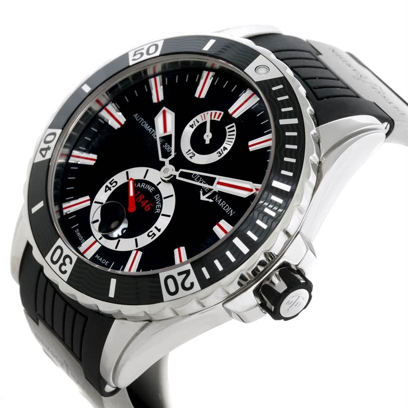 The Ulysse Nardin Diver 263-10-3-92 Men
s Stainless Steel Black Dial 263-10-3-92 Men
s Stainless Steel Black Dial watch is shown at an angle displaying the face, bezel, and crown.