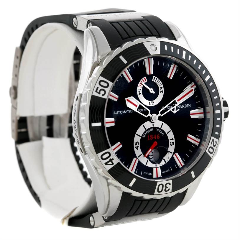 The Ulysse Nardin Diver 263-10-3-92 Men
s Stainless Steel Black Dial 263-10-3-92 Men
s Stainless Steel Black Dial watch is shown at a slight angle, highlighting its black dial, bezel, and rubber strap.