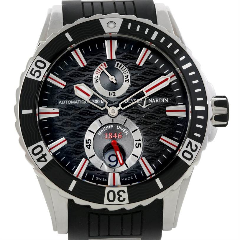 The Ulysse Nardin Diver 263-10-3-92 Men
s Stainless Steel Black Dial 263-10-3-92 Men
s Stainless Steel Black Dial watch is shown from the front, highlighting the dial, bezel, and strap.