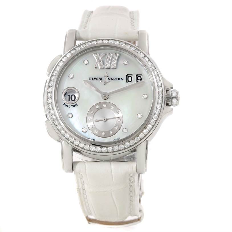 This is a front view of the Ulysse Nardin 243-22B Women's Stainless Steel Mother of Pearl Dial 243-22B Women's Stainless Steel Mother of Pearl Dial Big Date GMT Ladies Steel Watch 243-22B Unworn model, showing the dial, bezel, and strap.